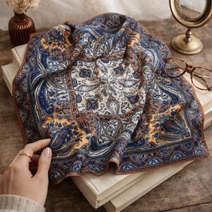 Vintage Paisley Scarf 18.5” x 18.5” Blue Rust Gold Ornate Floral Boho Square